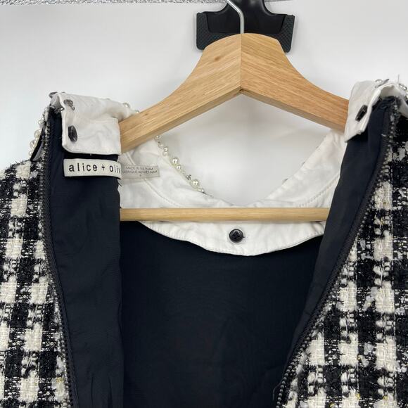 Alice + Olivia | Velia Tweed Mini Dress Black & Off White Crystal Pearl Collar 4 - Picture 14 of 16